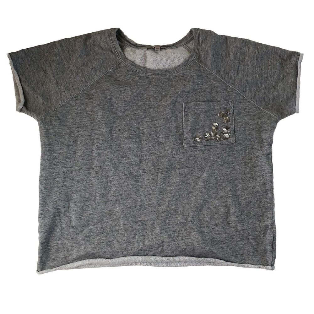Gap Women’s Raw Hem Cropped Short Sleeve Beaded Pocket Sweatshirt Gray Small